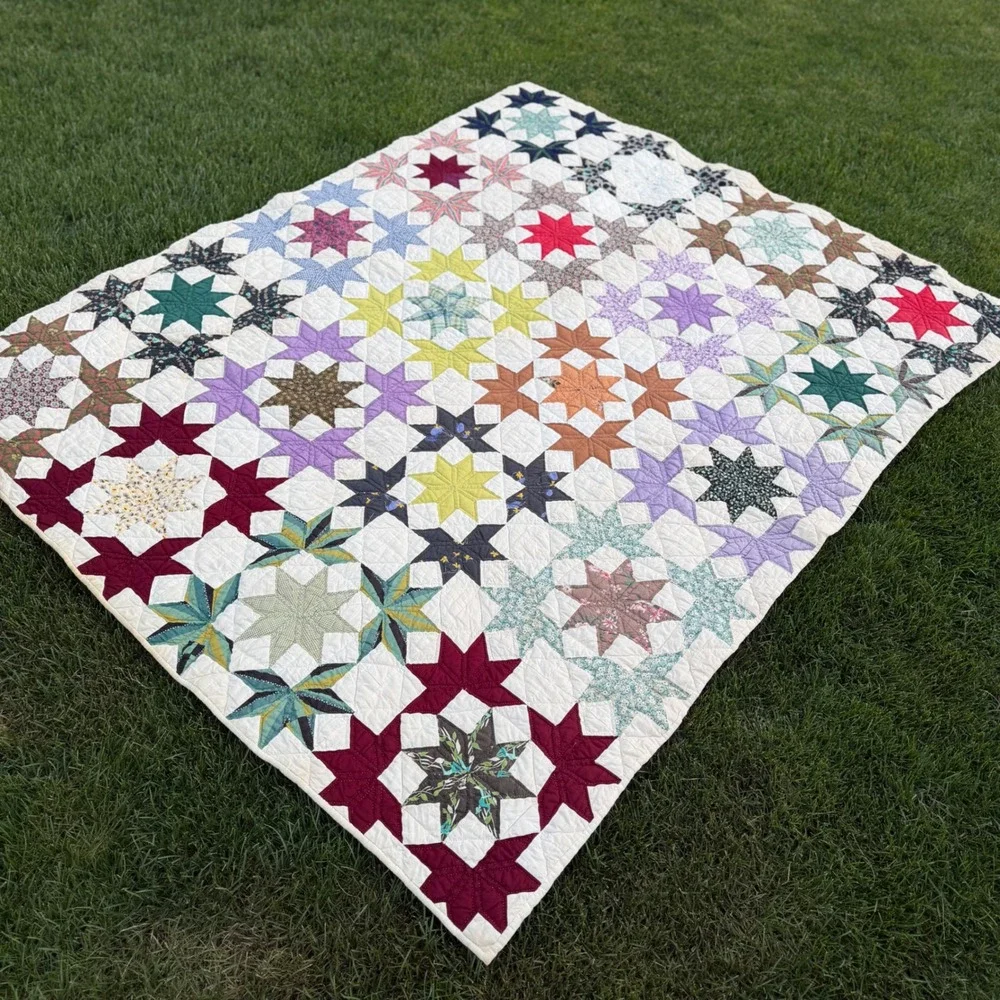 Vintage Handmade Patchwork Star Quilt Multi Color Scrappy Cotton 82x66 Farmhouse